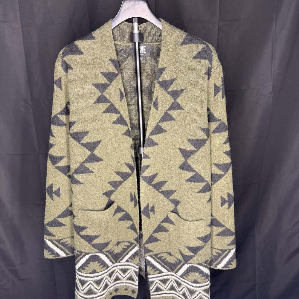 FRYE Cardigan Size L Green Southwest Open Front Knit Sweater